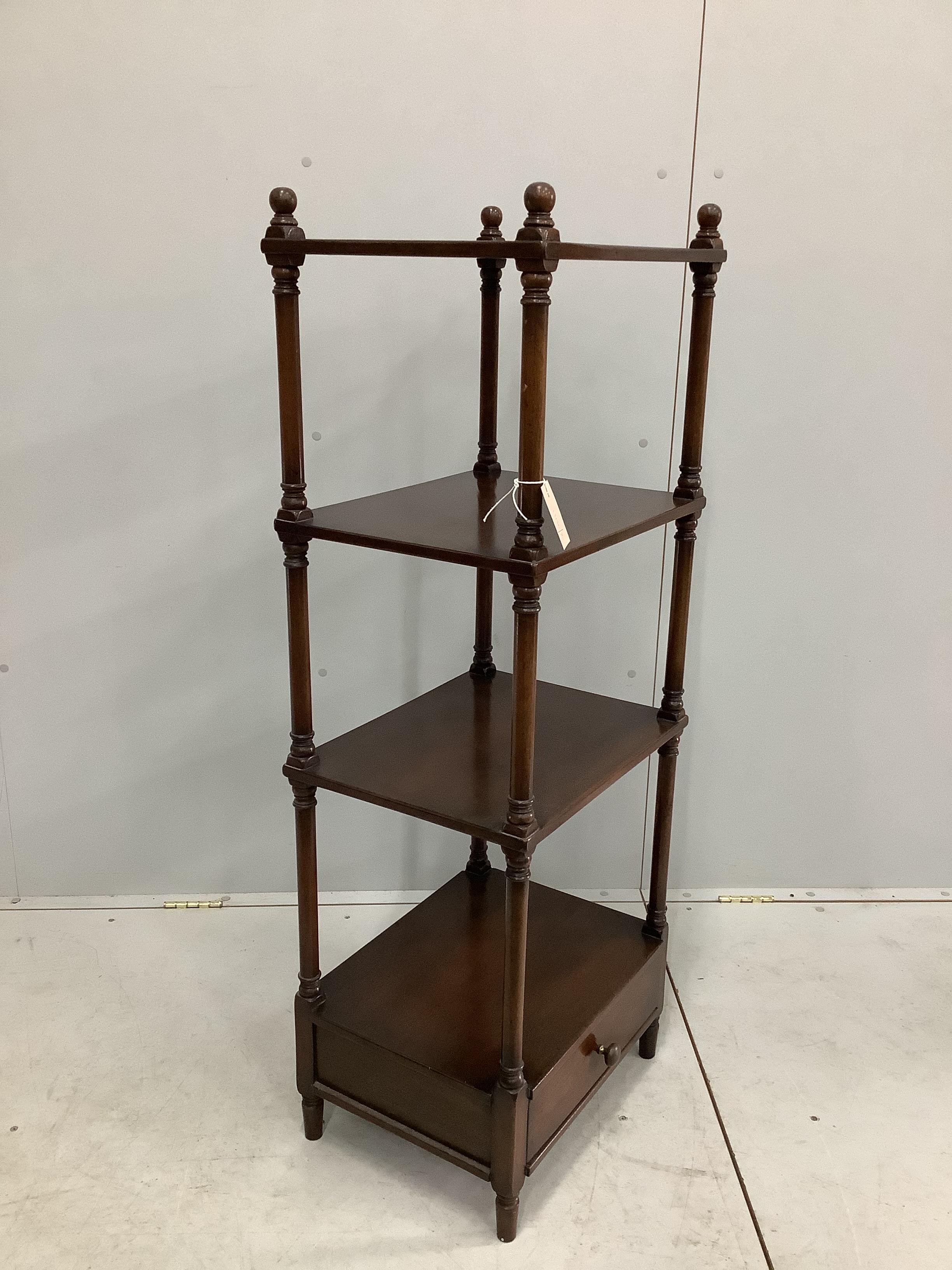 A reproduction mahogany four tier whatnot, width 46cm, depth 36cm, height 126cm